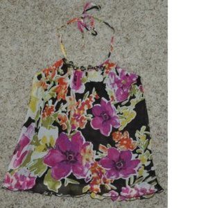Womens Halter Top Iz Byer Brown Floral Small Lined Satiny Chain Neckline Overlay